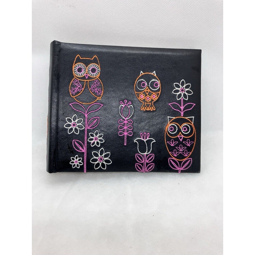 Vintage Photo Album EMBROIDERED OWLS  Pink Orange Black 8.5”x10” Holds 200 4x6